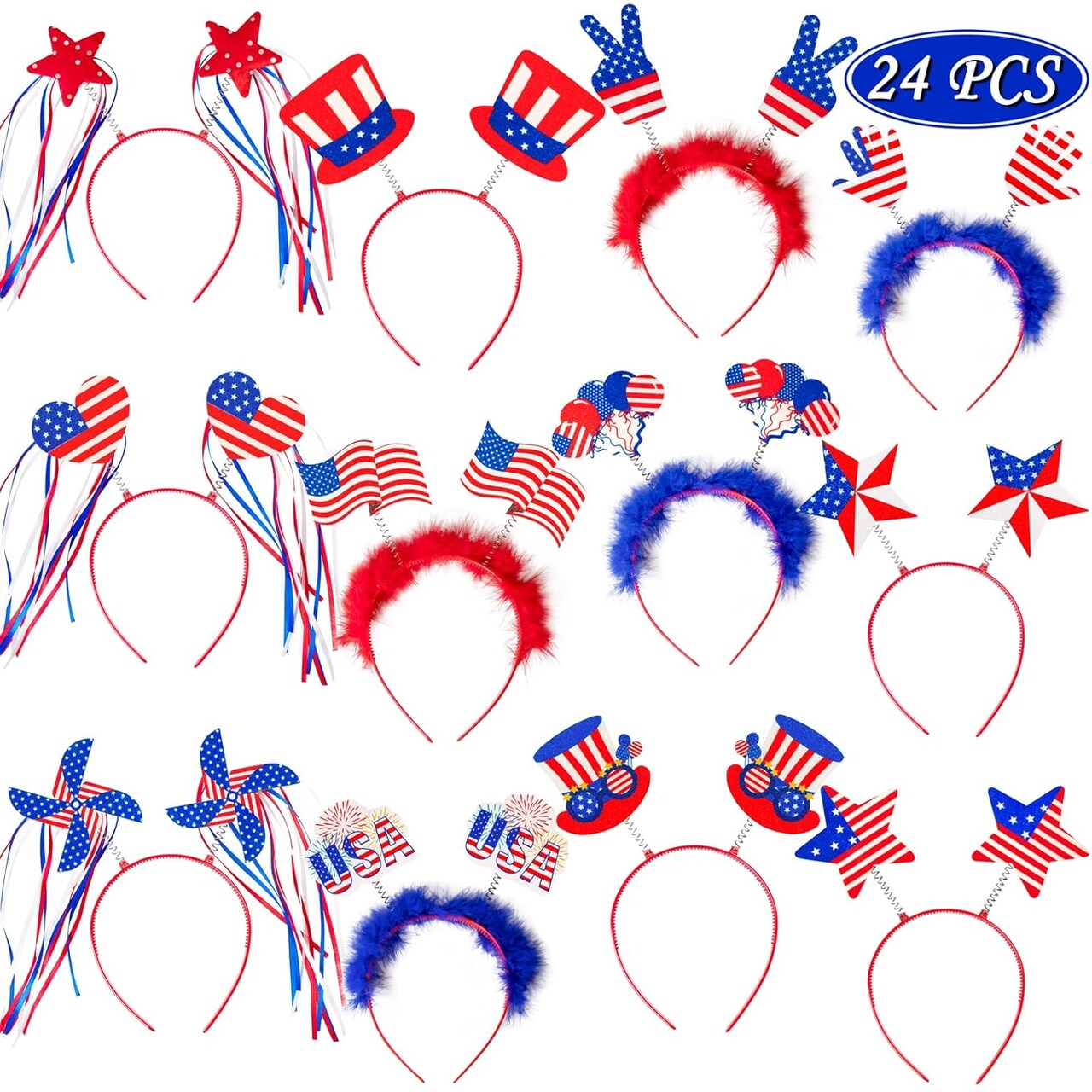 24PCS Patriotic Head Boppers Headband - Star Uncle Sam Hat Balloons